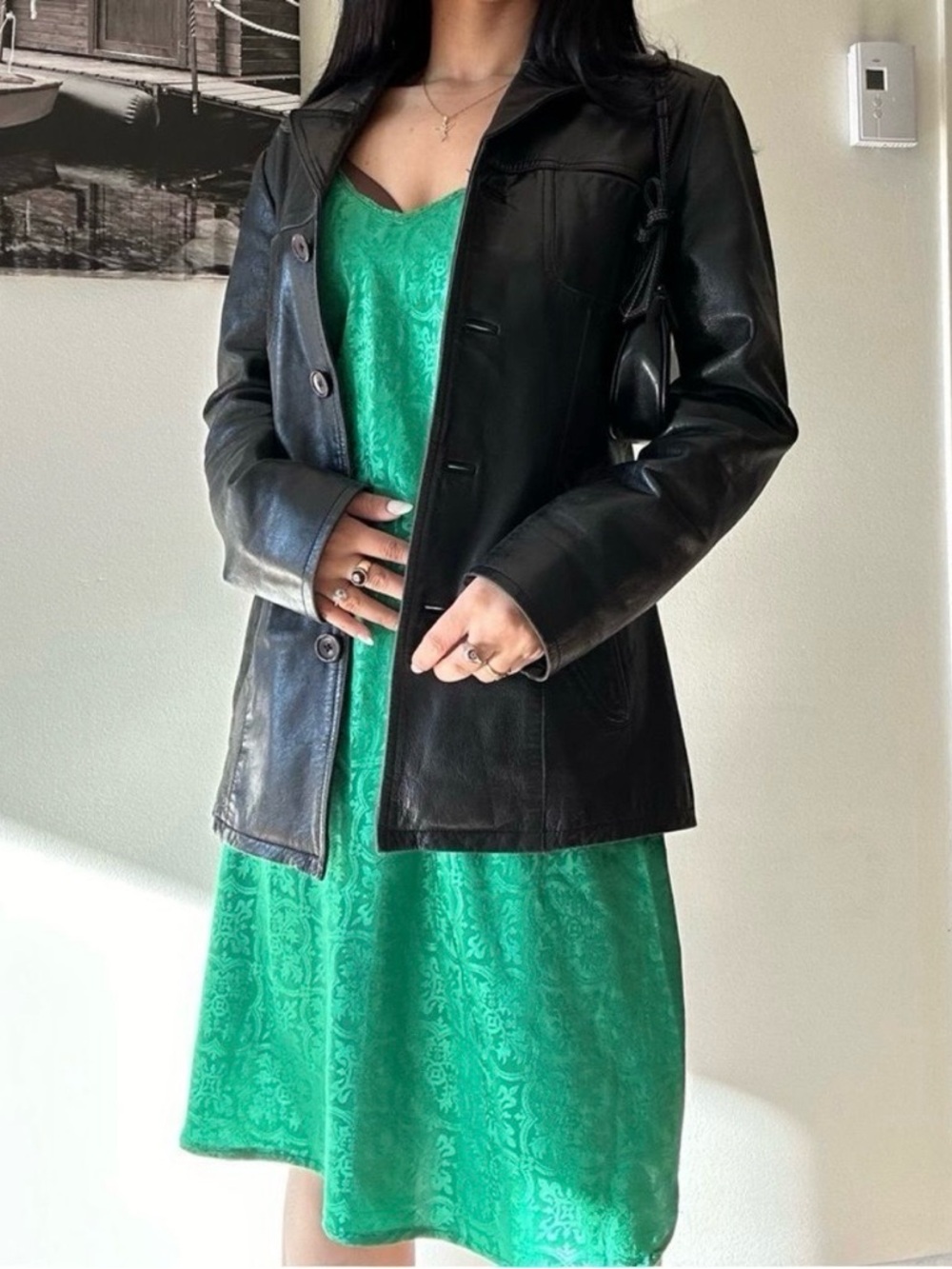 90s Vintage Green Satin Slip Dress Knee Length Y2K Minimalist Chic